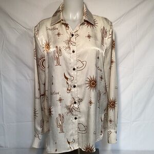 Western Cowgirl Cream and Brown Print Shirt by Sterling & Stitch Women’s XL